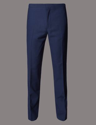 Navy Textured Slim Fit Flat Front Trousers